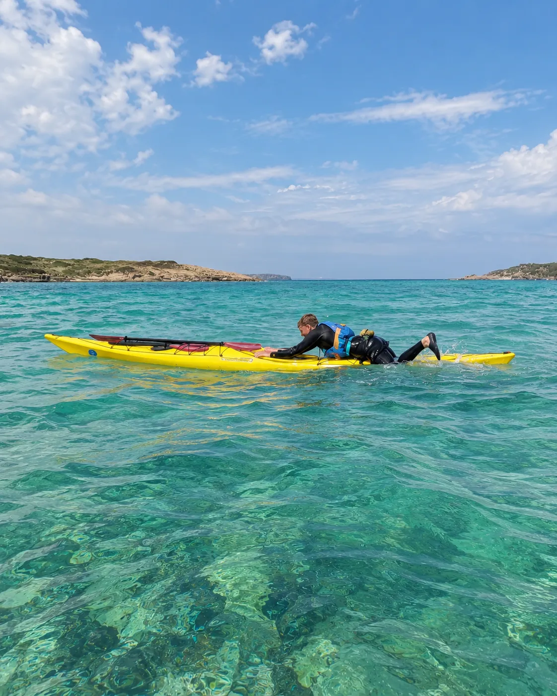Caiaquista practicant un autorescat per tornar a pujar a un caiac de mar groc