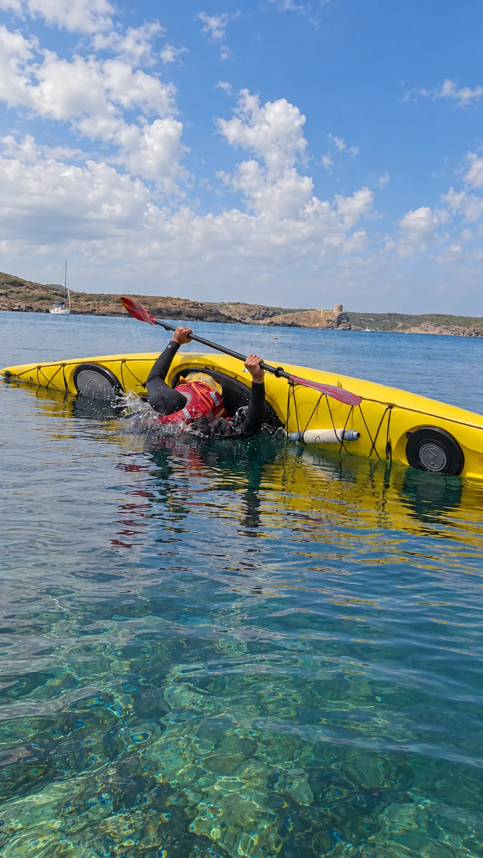 Pràctica d'esquimotatge amb un caiac de mar groc i una pala de fulles vermelles